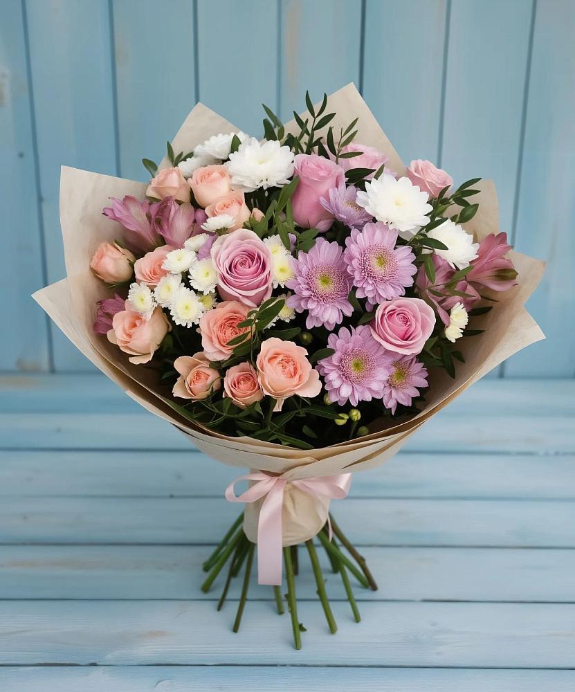 Букет цветов из: Хризантемы, Розы и Альстромерии в Усть-Илимске